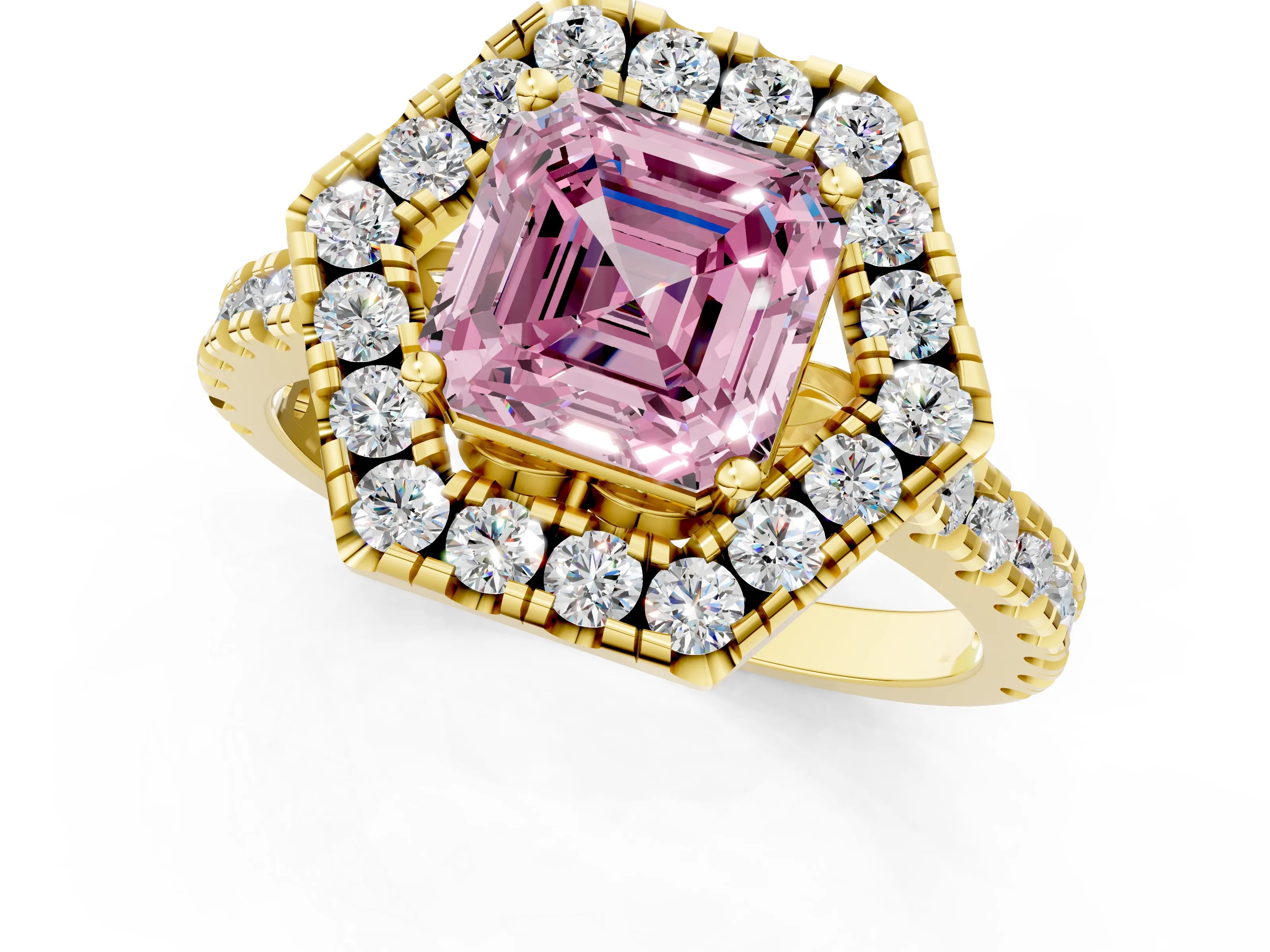 Yellow gold Hexagonal Halo Fancy Pink Asscher Cut Diamond Pavé Band with Four-Prong Setting_1