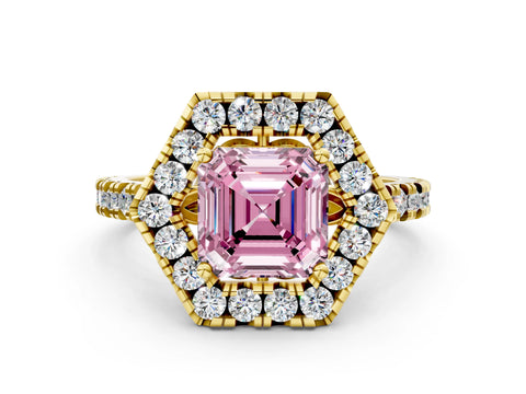 Yellow gold Hexagonal Halo Fancy Pink Asscher Cut Diamond Pavé Band with Four-Prong Setting