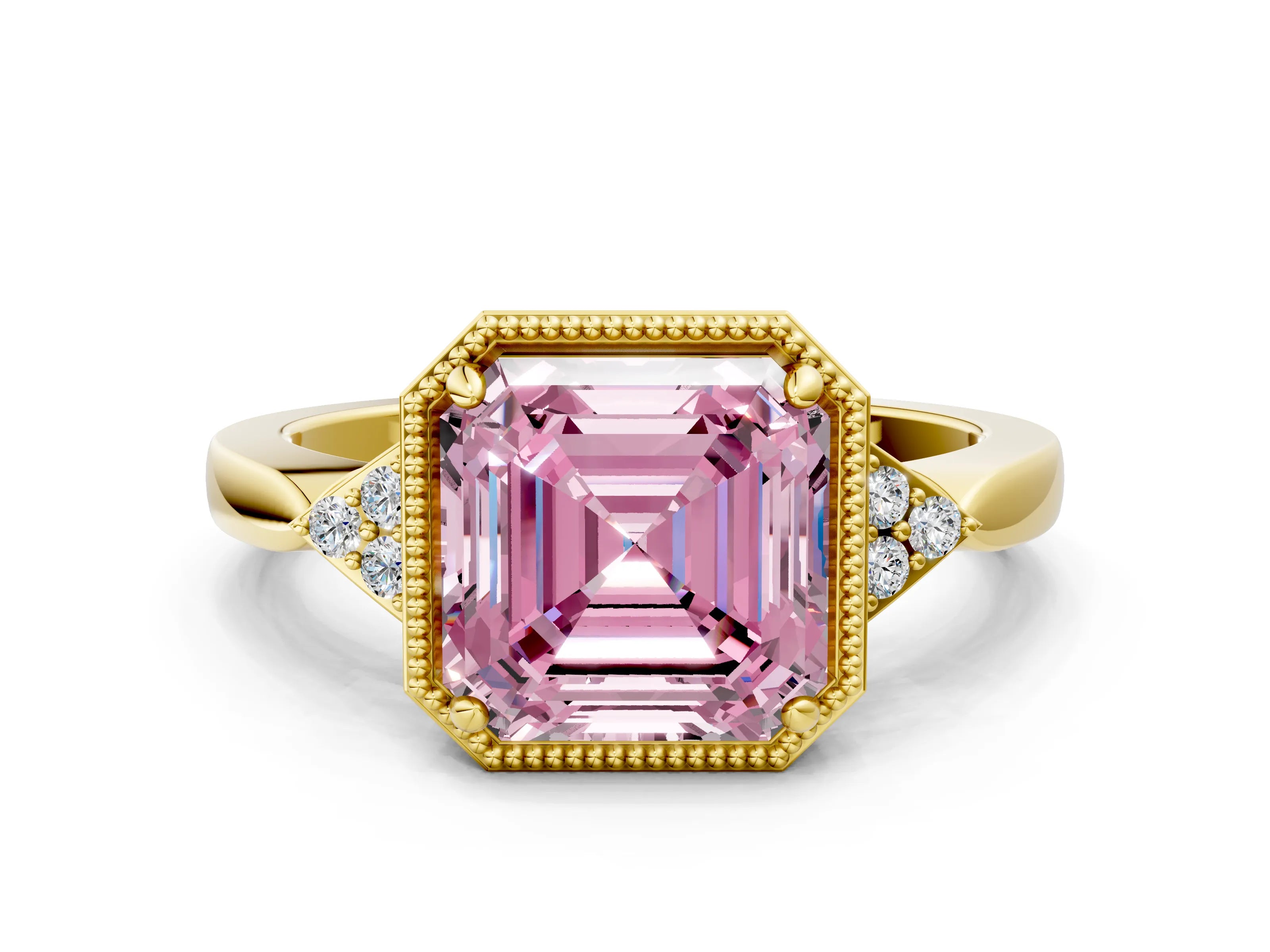 Yellow gold Hexagonal Halo Fancy Pink Asscher Cut Diamond Solitaire with Pavé Band and Four-Prong Setting_3