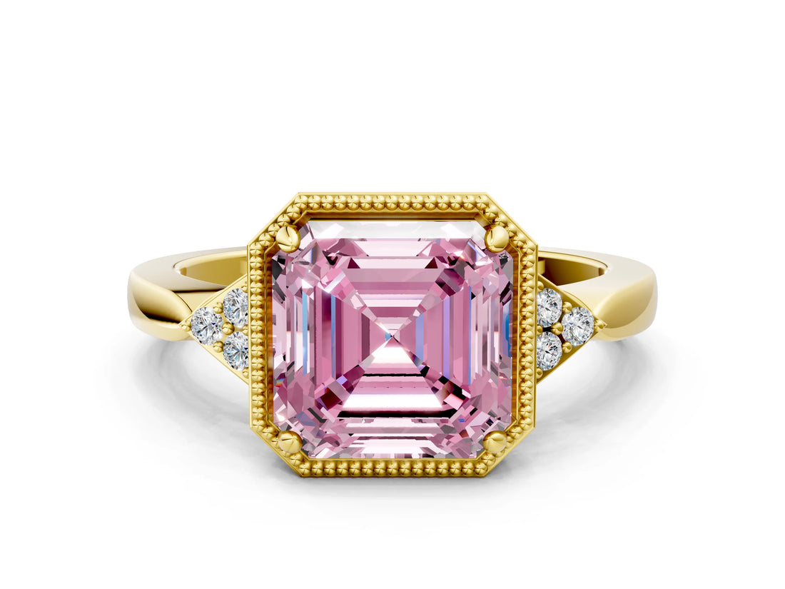 Yellow gold Hexagonal Halo Fancy Pink Asscher Cut Diamond Solitaire with Pavé Band and Four-Prong Setting_3