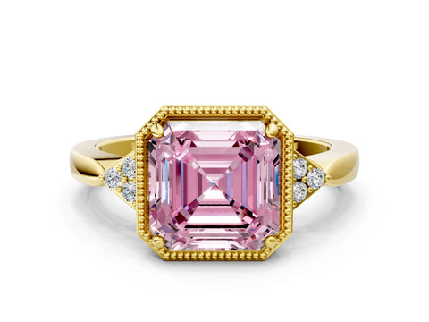 Yellow gold Hexagonal Halo Fancy Pink Asscher Cut Diamond Solitaire with Pavé Band and Four-Prong Setting_3