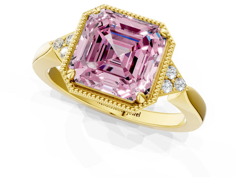 Yellow gold Hexagonal Halo Fancy Pink Asscher Cut Diamond Solitaire with Pavé Band and Four-Prong Setting_4
