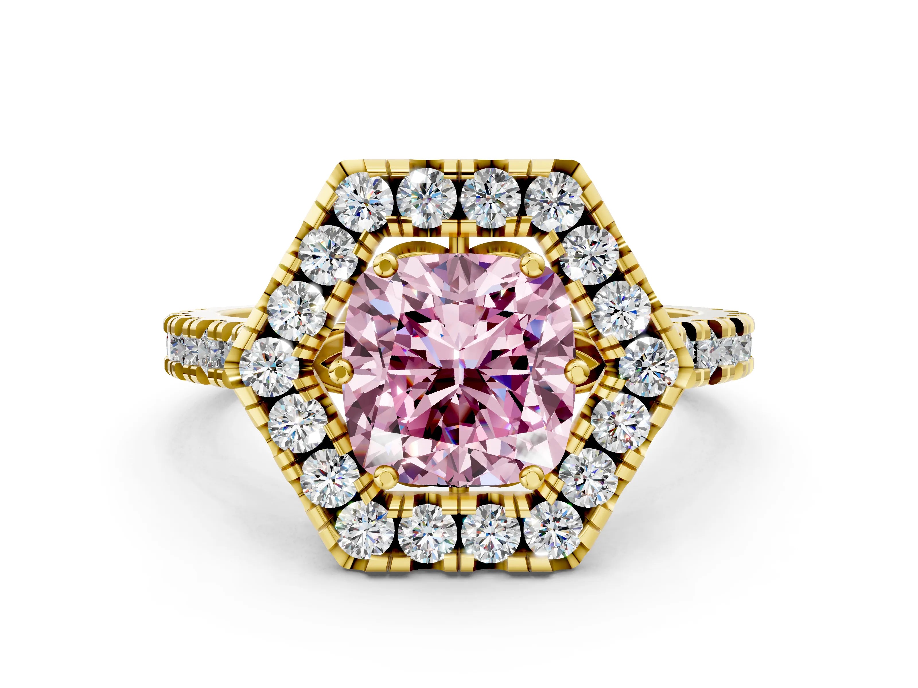 Yellow gold Hexagonal Halo Fancy Pink Cushion Cut Diamond Pavé Band with Four-Prong Setting