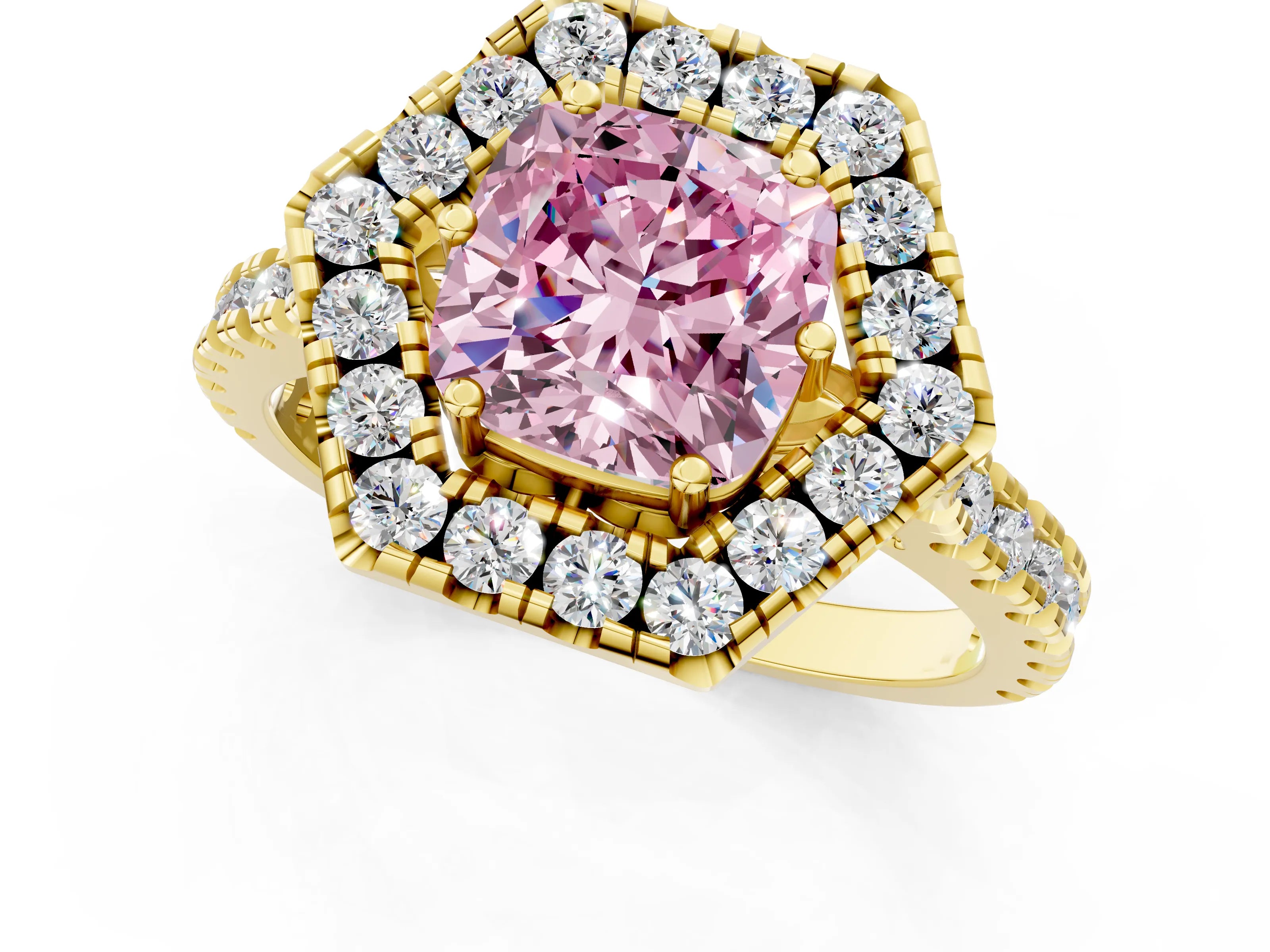 Yellow gold Hexagonal Halo Fancy Pink Cushion Cut Diamond Pavé Band with Four-Prong Setting_1