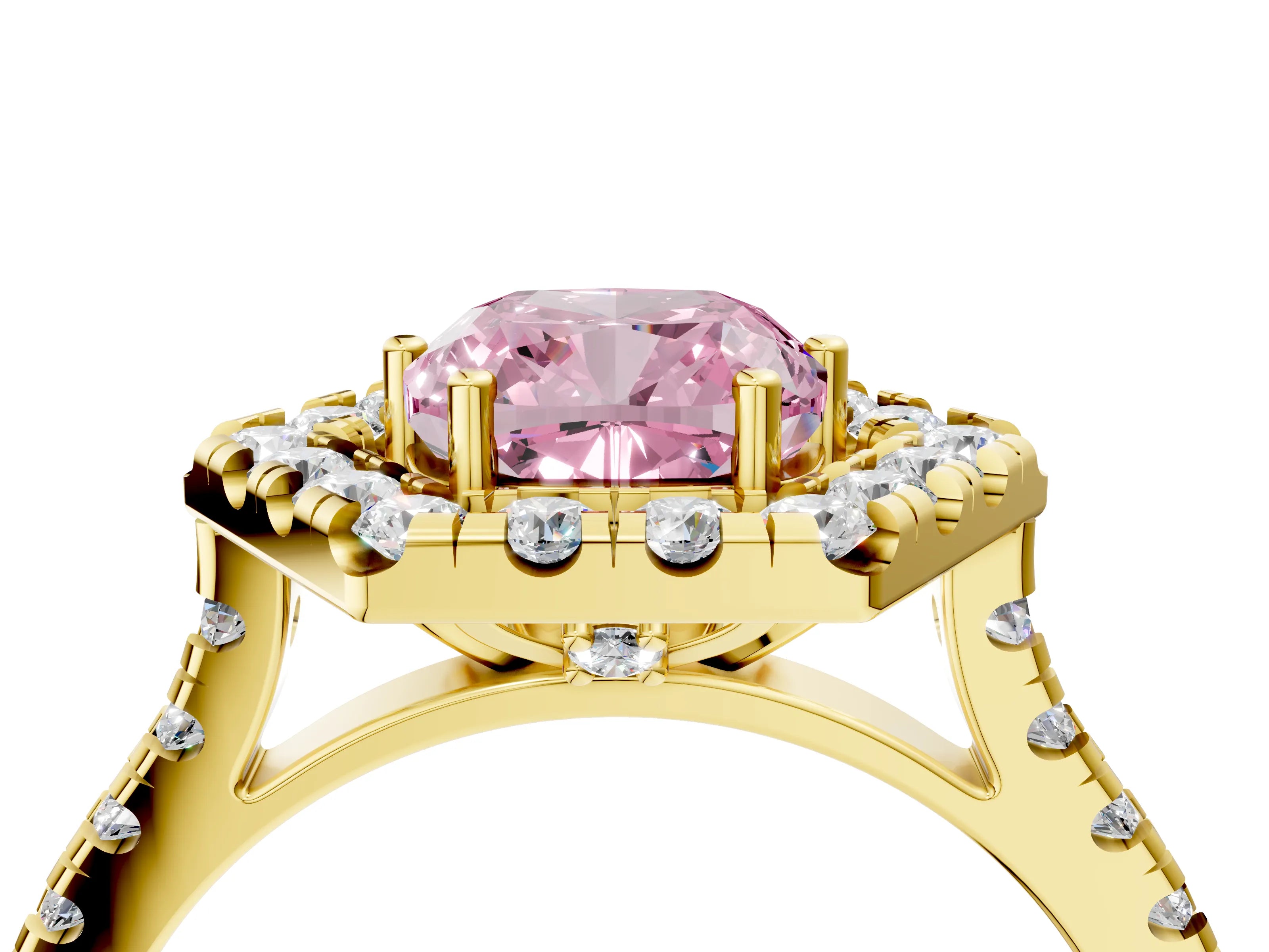 Yellow gold Hexagonal Halo Fancy Pink Cushion Cut Diamond Pavé Band with Four-Prong Setting_4
