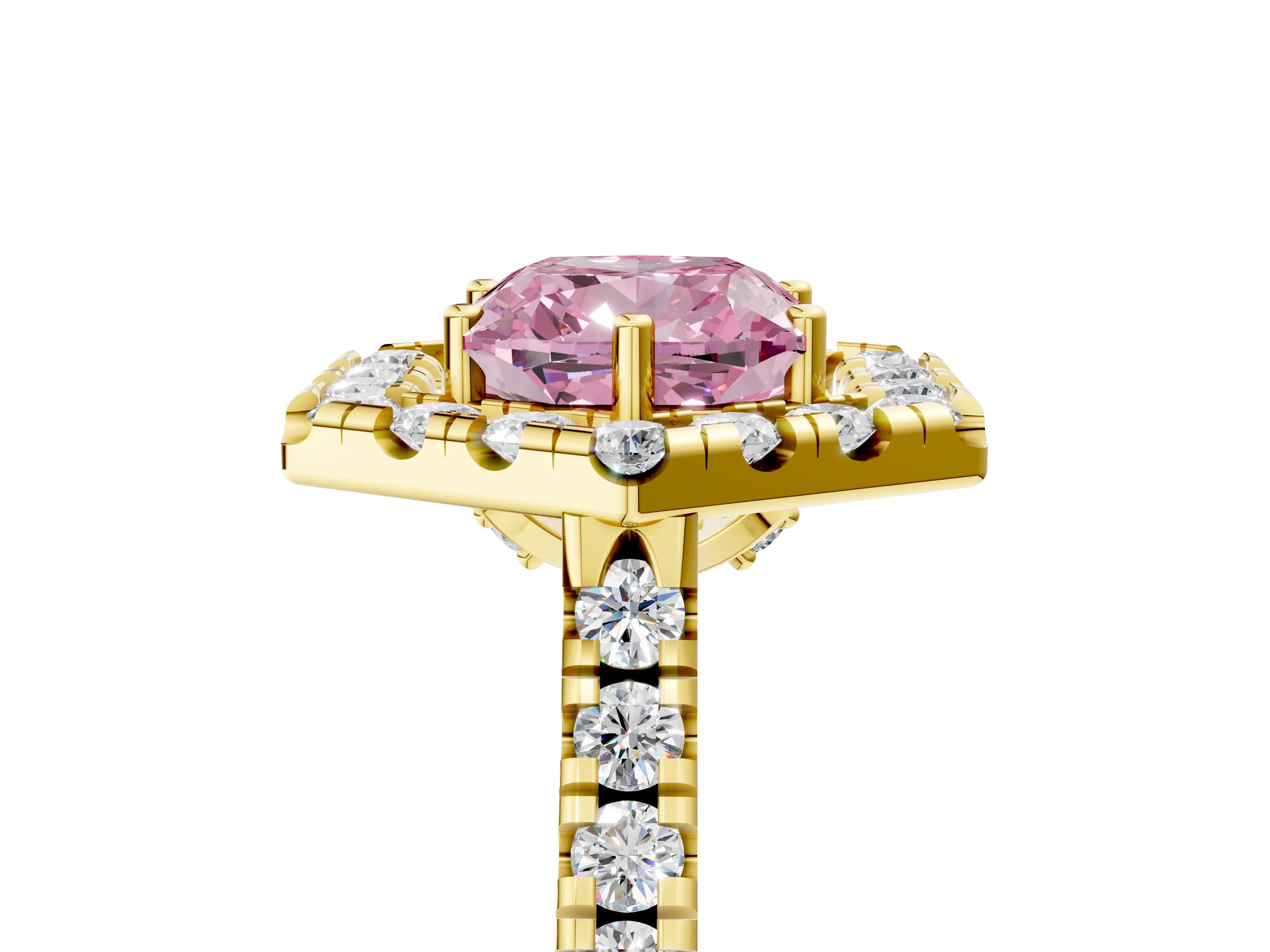 Yellow gold Hexagonal Halo Fancy Pink Cushion Cut Diamond Pavé Band with Four-Prong Setting_5