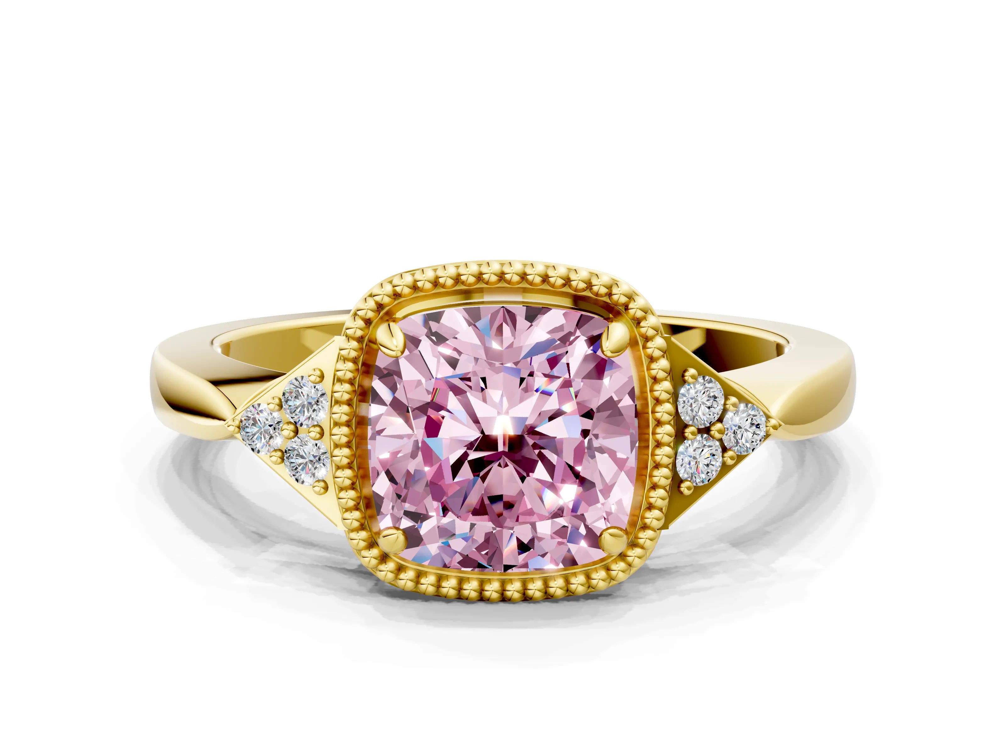 Yellow gold Hexagonal Halo Fancy Pink Cushion Cut Diamond Solitaire with Pavé Band and Four-Prong Setting_3