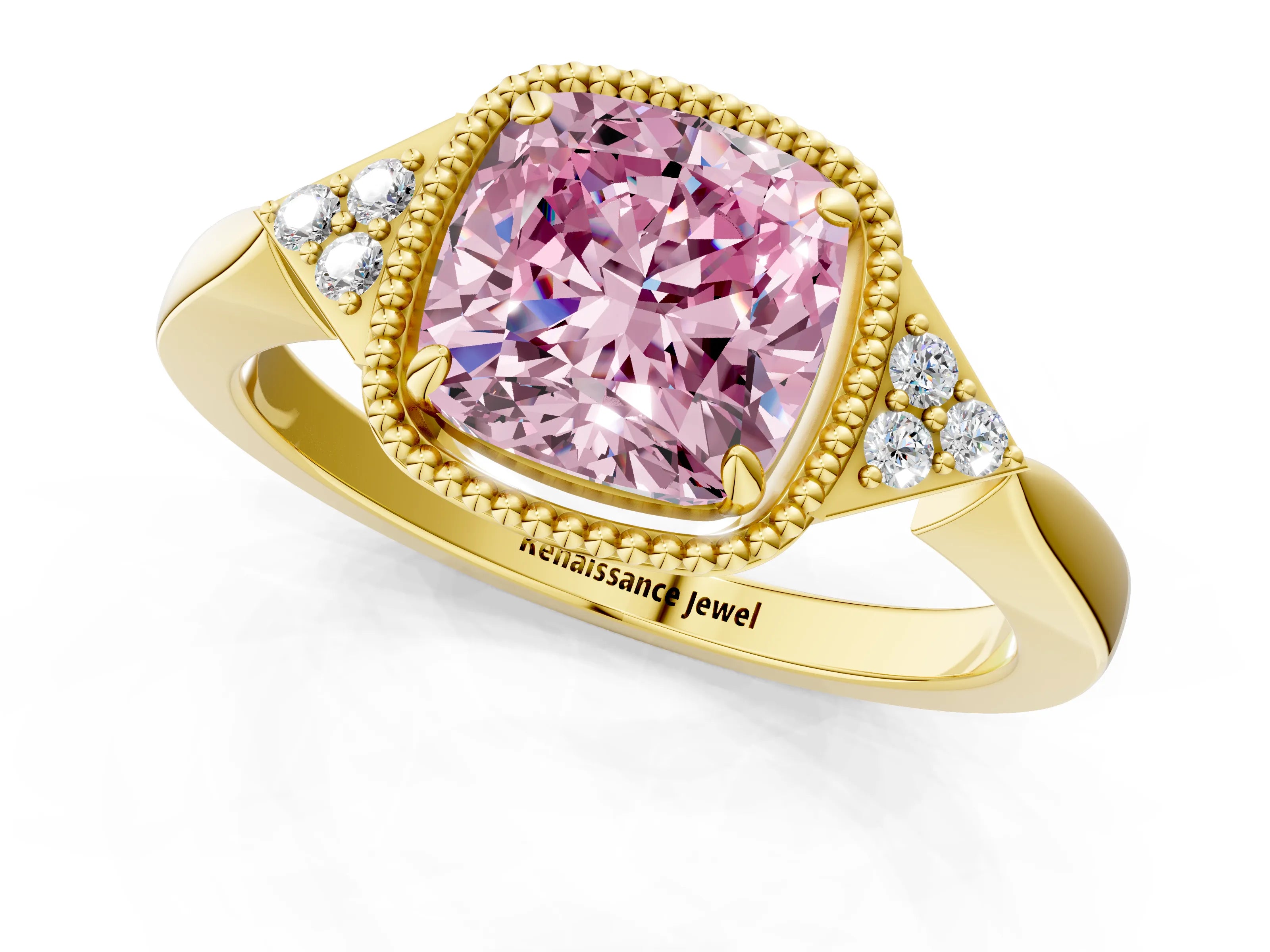 Yellow gold Hexagonal Halo Fancy Pink Cushion Cut Diamond Solitaire with Pavé Band and Four-Prong Setting_4