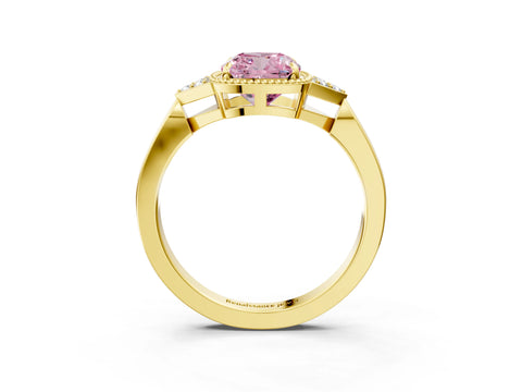 Yellow gold Hexagonal Halo Fancy Pink Cushion Cut Diamond Solitaire with Pavé Band and Four-Prong Setting_6