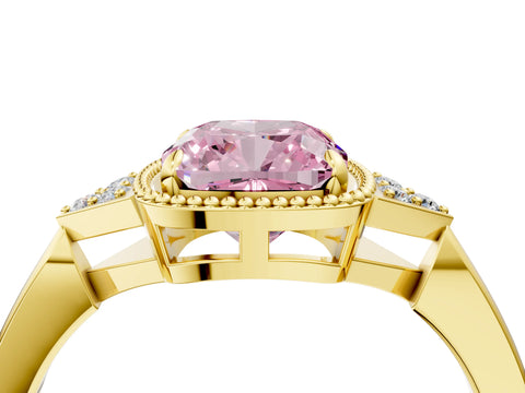 Yellow gold Hexagonal Halo Fancy Pink Cushion Cut Diamond Solitaire with Pavé Band and Four-Prong Setting_7