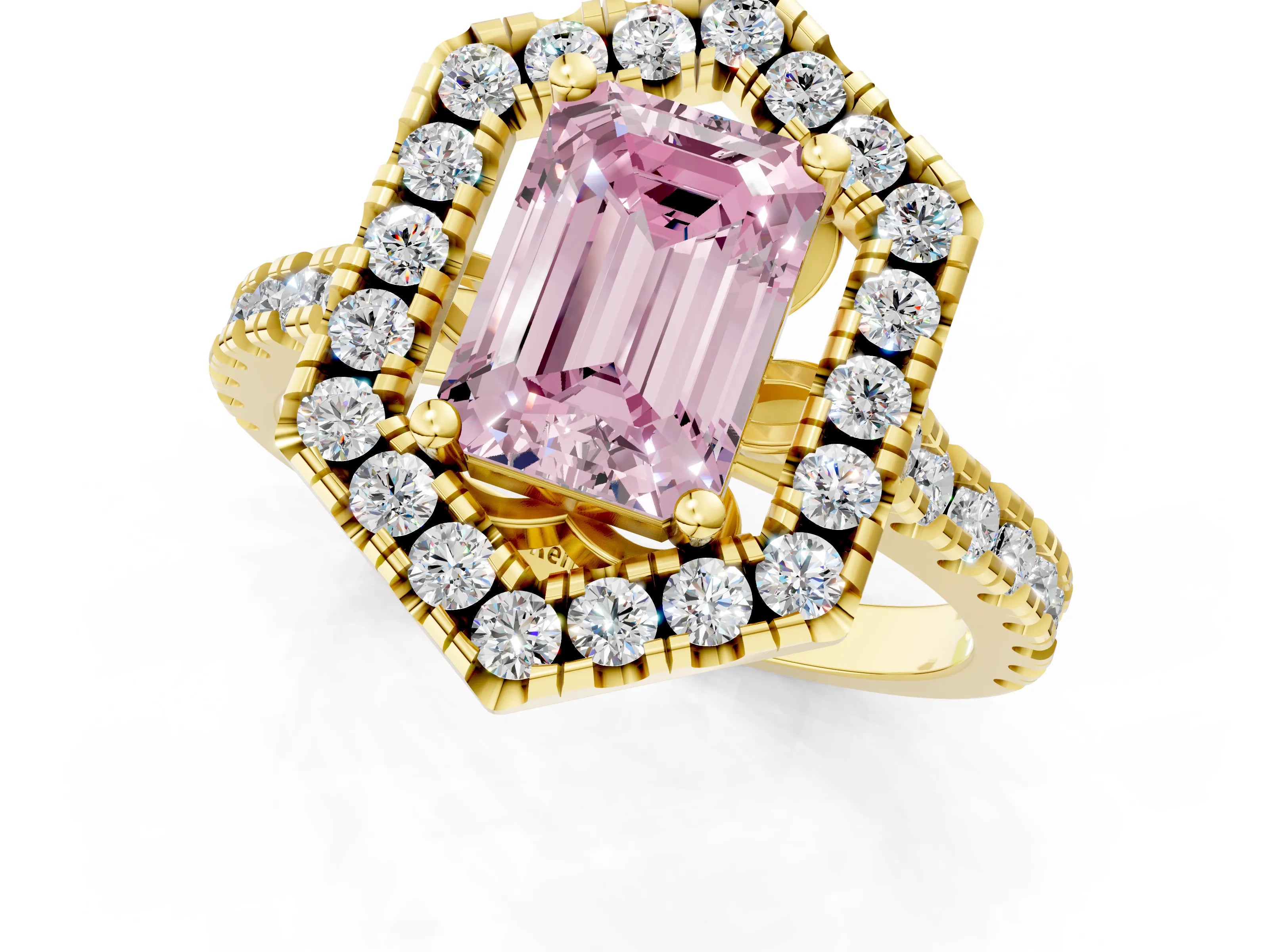 Yellow gold Hexagonal Halo Fancy Pink Emerald Cut Diamond Pavé Band with Four-Prong Setting_1