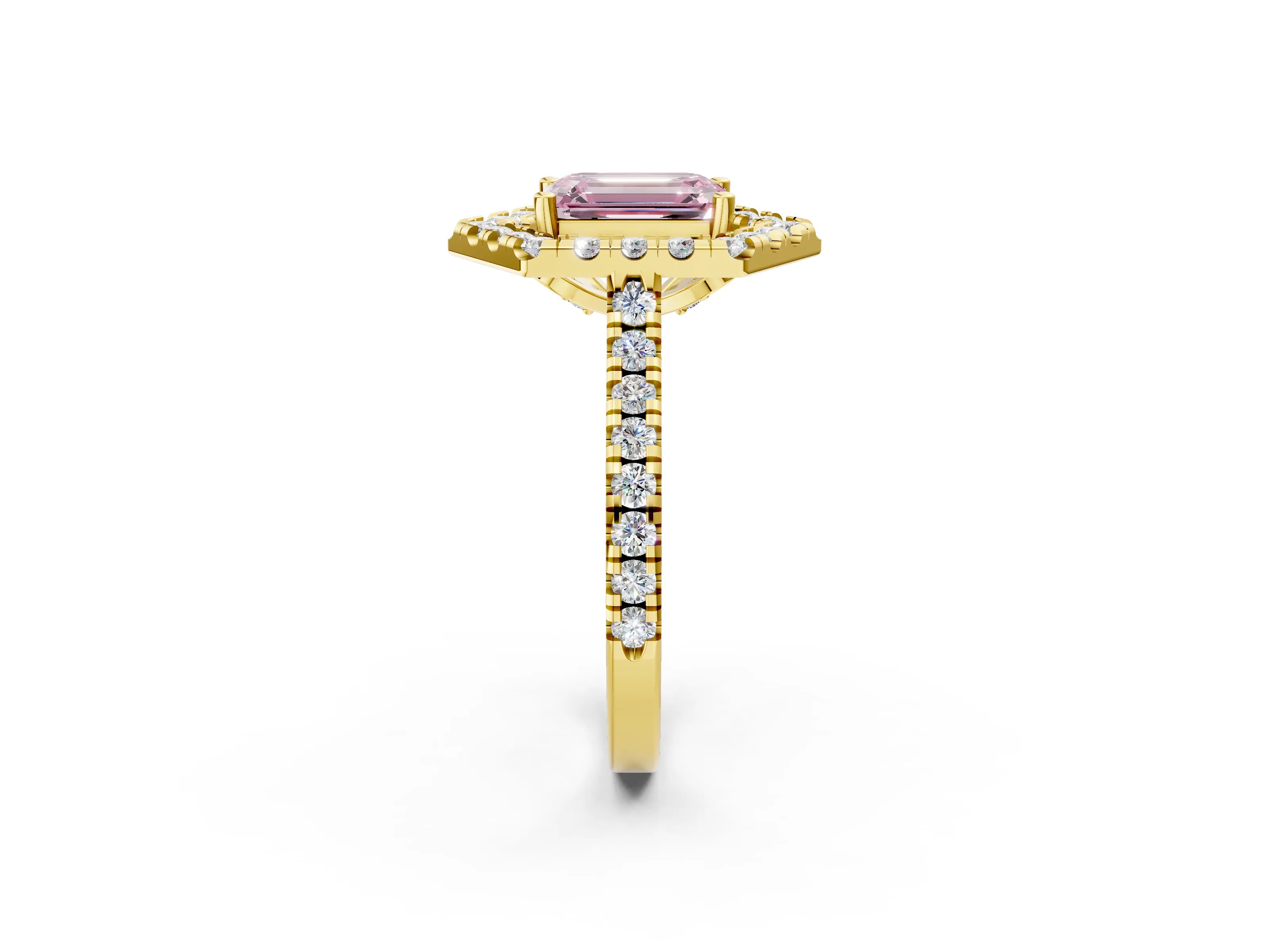 Yellow gold Hexagonal Halo Fancy Pink Emerald Cut Diamond Pavé Band with Four-Prong Setting_2