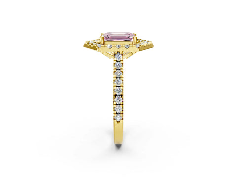 Yellow gold Hexagonal Halo Fancy Pink Emerald Cut Diamond Pavé Band with Four-Prong Setting_2