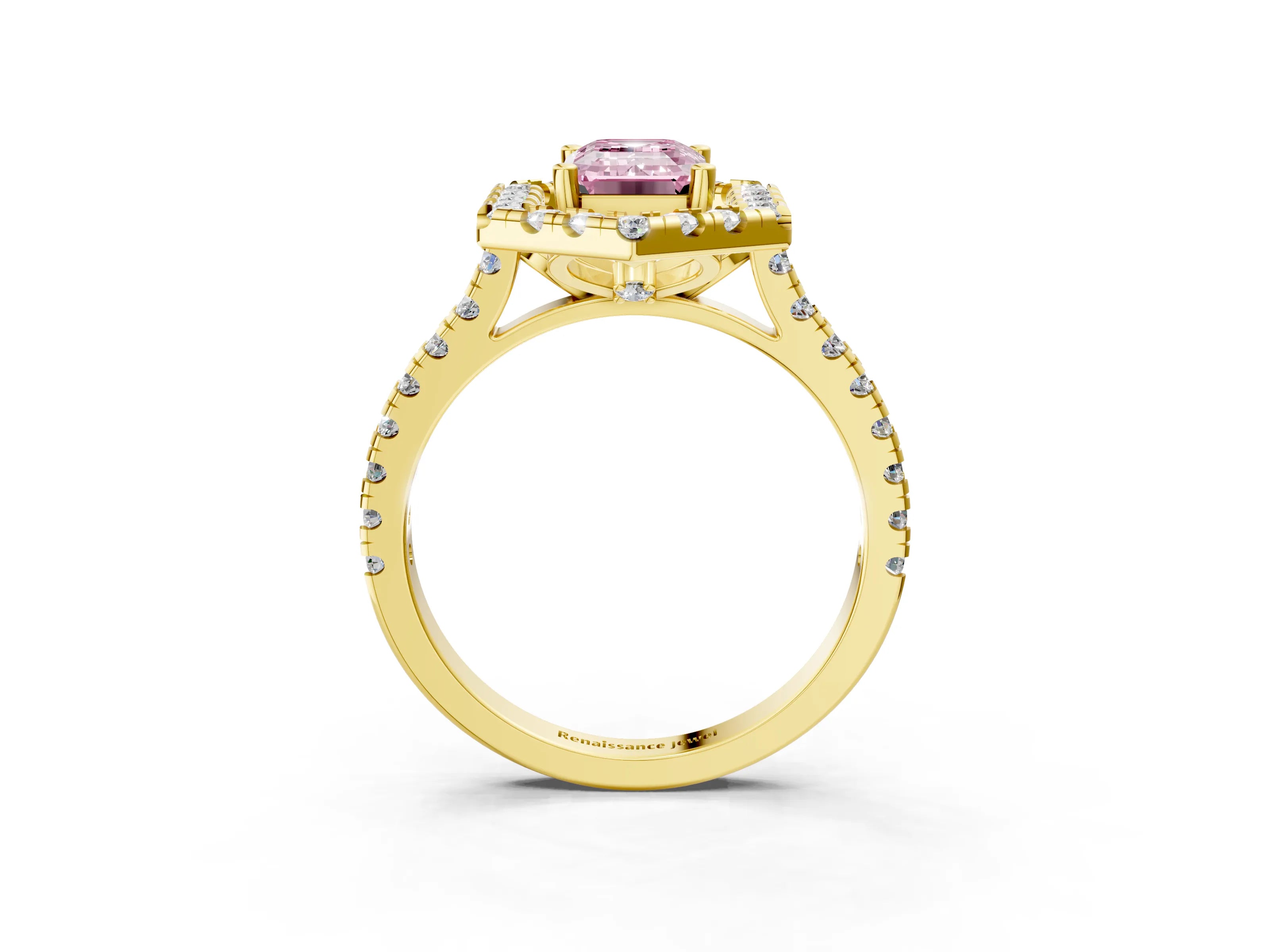Yellow gold Hexagonal Halo Fancy Pink Emerald Cut Diamond Pavé Band with Four-Prong Setting_3