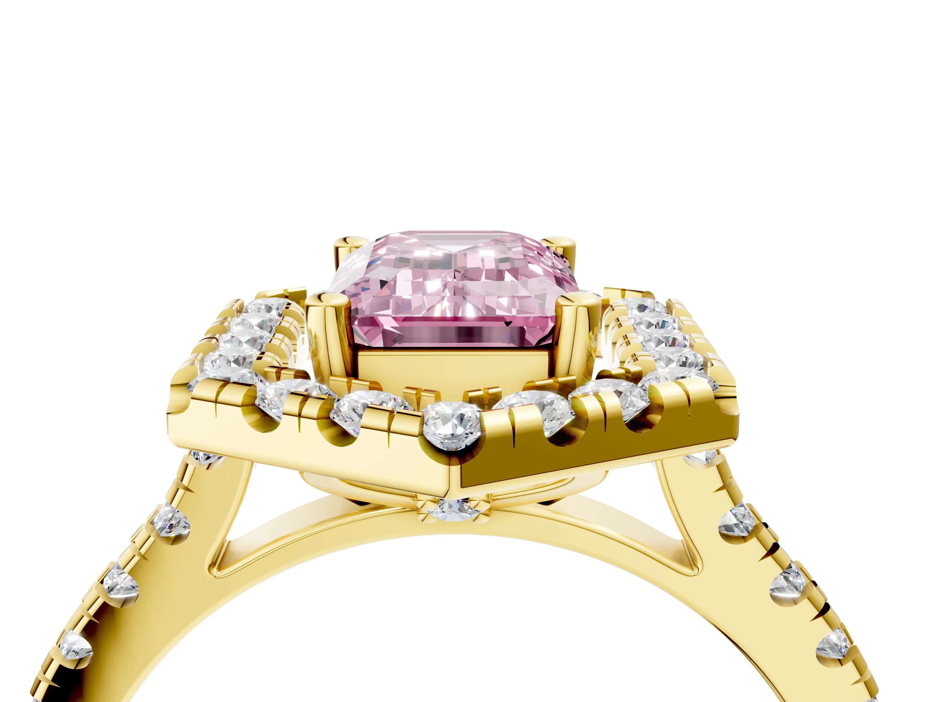 Yellow gold Hexagonal Halo Fancy Pink Emerald Cut Diamond Pavé Band with Four-Prong Setting_4