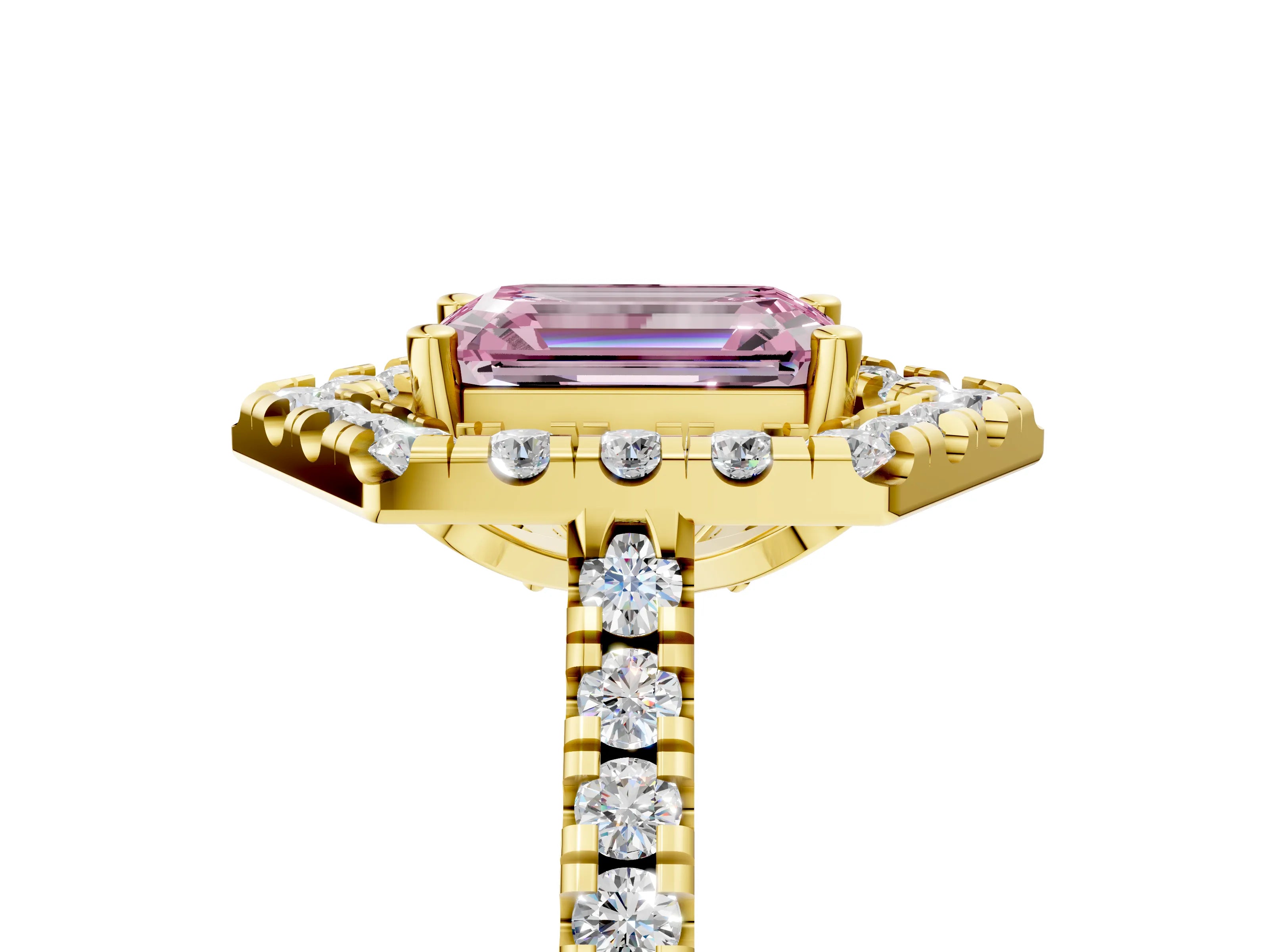 Yellow gold Hexagonal Halo Fancy Pink Emerald Cut Diamond Pavé Band with Four-Prong Setting_5