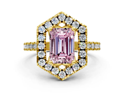 Yellow gold Hexagonal Halo Fancy Pink Emerald Cut Diamond Pavé Band with Four-Prong Setting