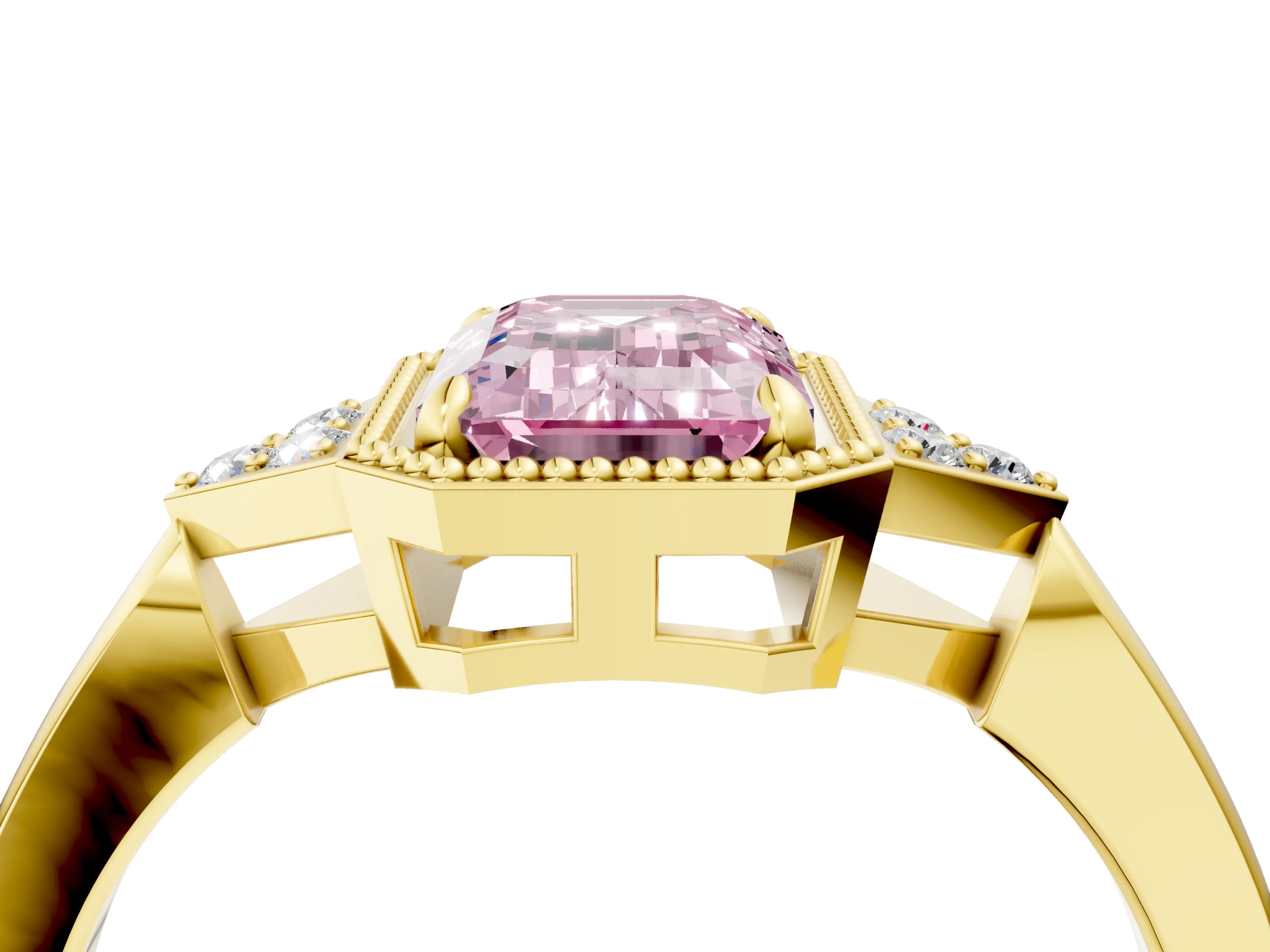 Yellow gold Hexagonal Halo Fancy Pink Emerald Cut Diamond Solitaire with Pavé Band and Four-Prong Setting_7