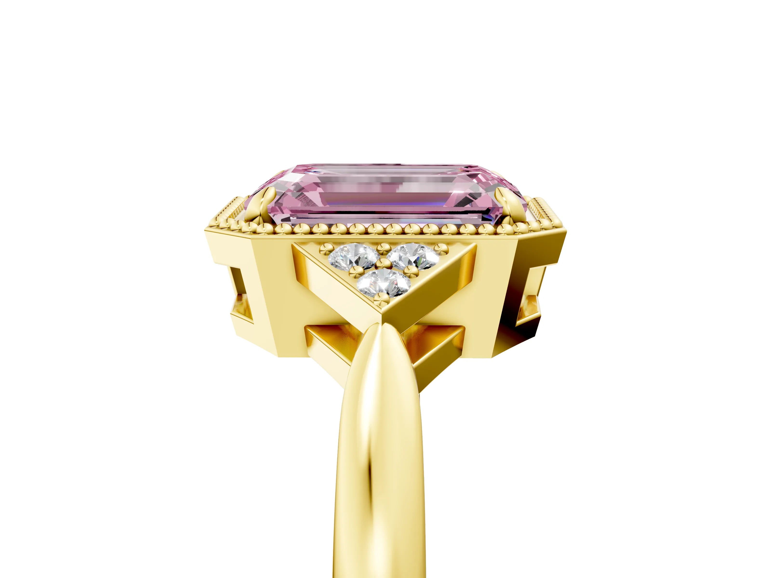 Yellow gold Hexagonal Halo Fancy Pink Emerald Cut Diamond Solitaire with Pavé Band and Four-Prong Setting_8