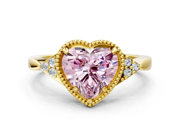 Yellow gold Hexagonal Halo Fancy Pink Heart Cut Diamond Solitaire with Pavé Band and Four-Prong Setting