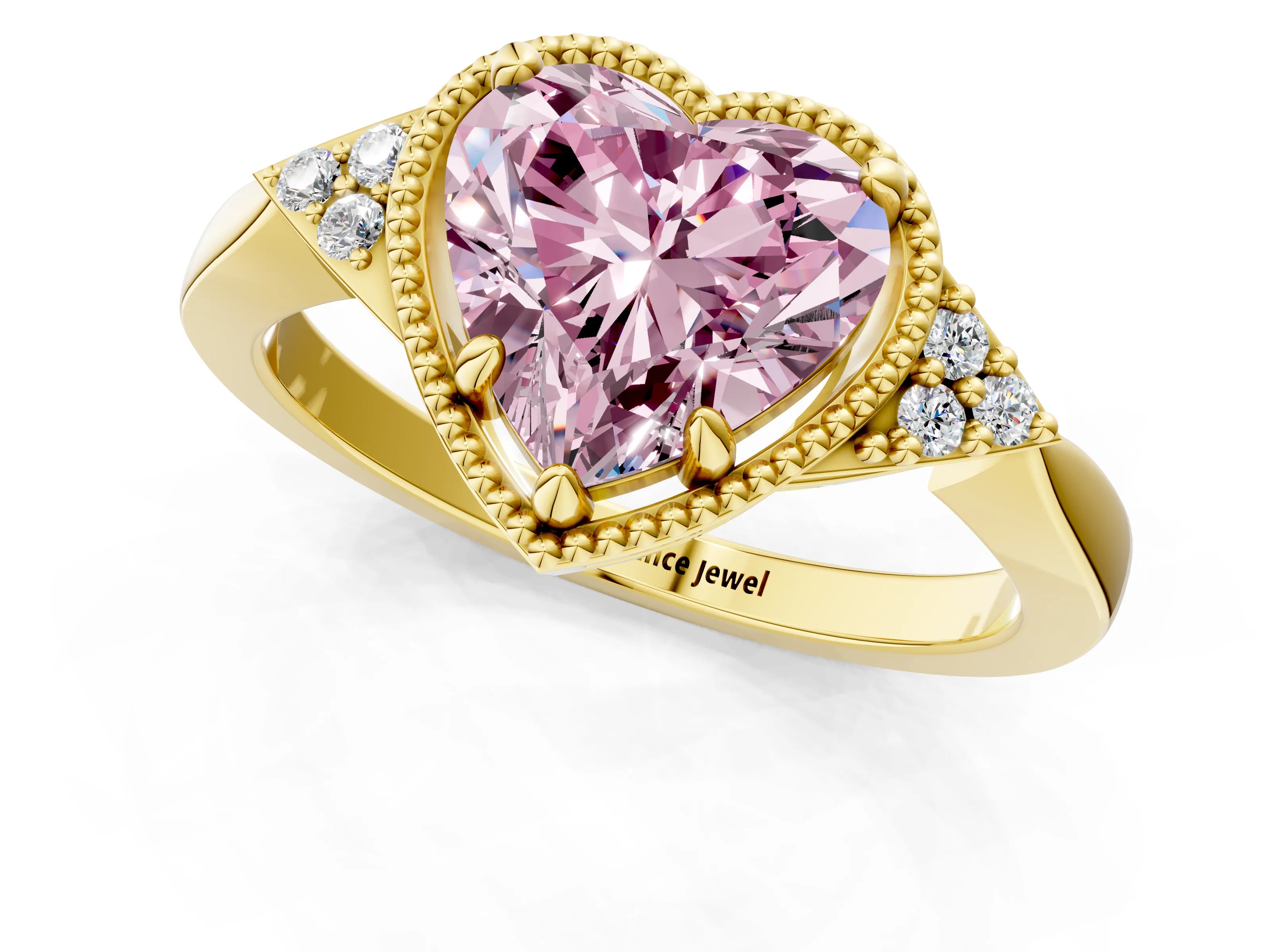 Yellow gold Hexagonal Halo Fancy Pink Heart Cut Diamond Solitaire with Pavé Band and Four-Prong Setting_4