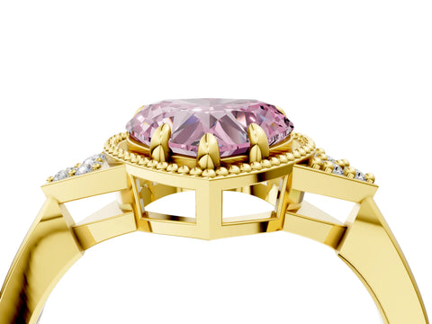 Yellow gold Hexagonal Halo Fancy Pink Heart Cut Diamond Solitaire with Pavé Band and Four-Prong Setting_7