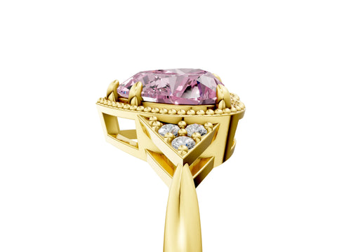 Yellow gold Hexagonal Halo Fancy Pink Heart Cut Diamond Solitaire with Pavé Band and Four-Prong Setting_8