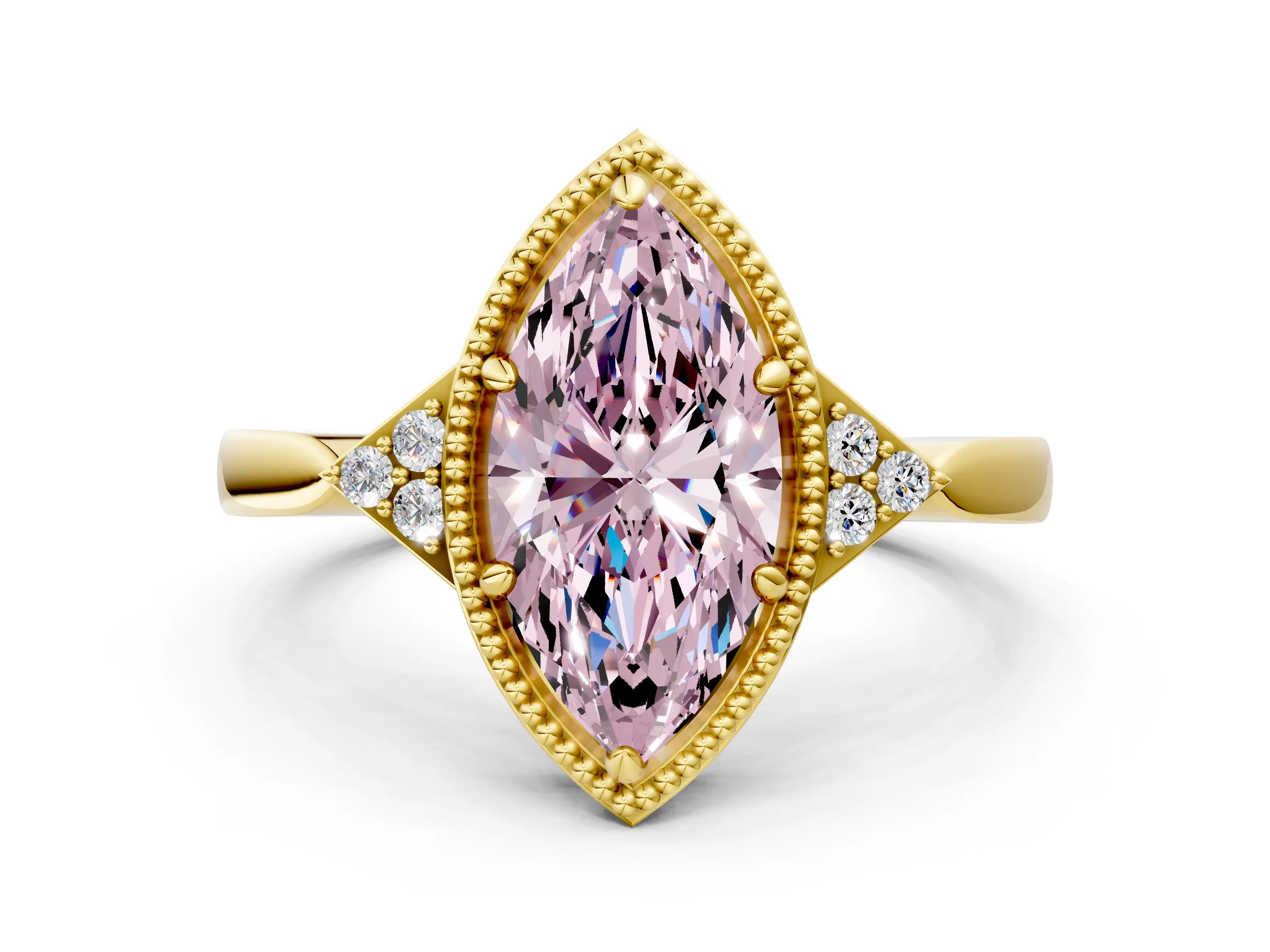 Yellow gold Hexagonal Halo Fancy Pink Marquise Cut Diamond Solitaire with Pavé Band and Four-Prong Setting_3