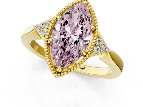 Yellow gold Hexagonal Halo Fancy Pink Marquise Cut Diamond Solitaire with Pavé Band and Four-Prong Setting_4