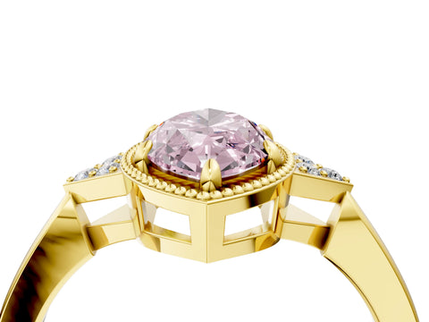 Yellow gold Hexagonal Halo Fancy Pink Marquise Cut Diamond Solitaire with Pavé Band and Four-Prong Setting_7