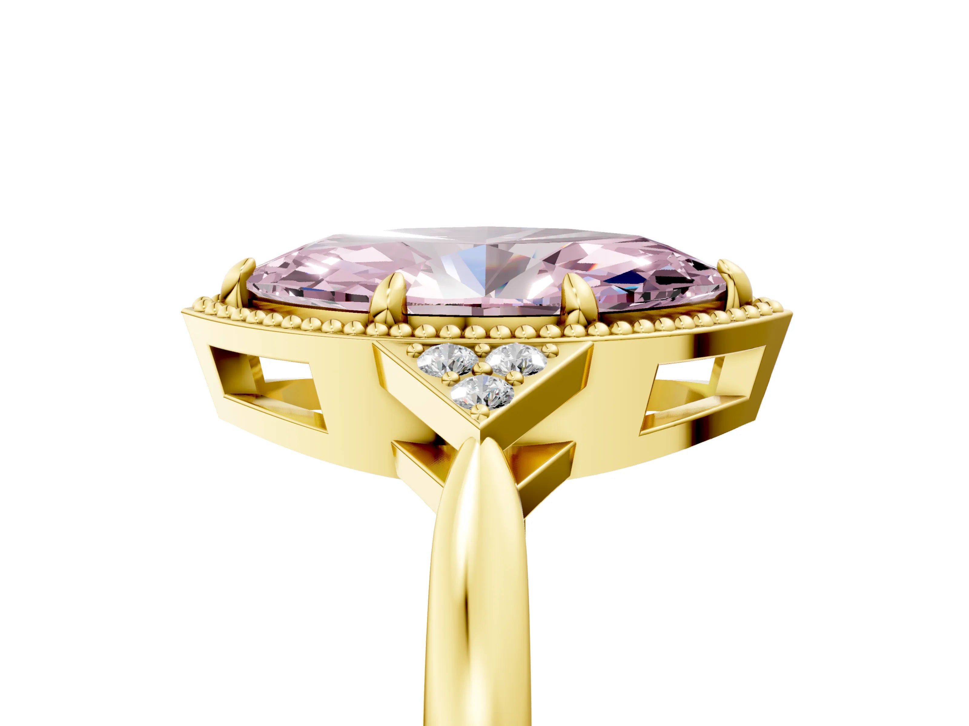 Yellow gold Hexagonal Halo Fancy Pink Marquise Cut Diamond Solitaire with Pavé Band and Four-Prong Setting_8