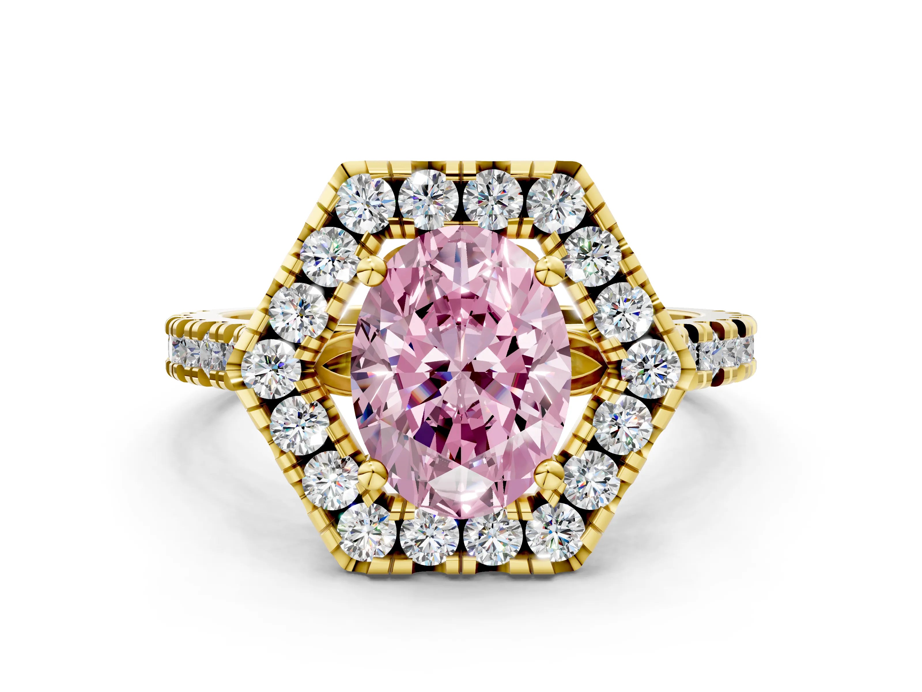 Yellow gold Hexagonal Halo Fancy Pink Oval Cut Diamond Pavé Band with Four-Prong Setting
