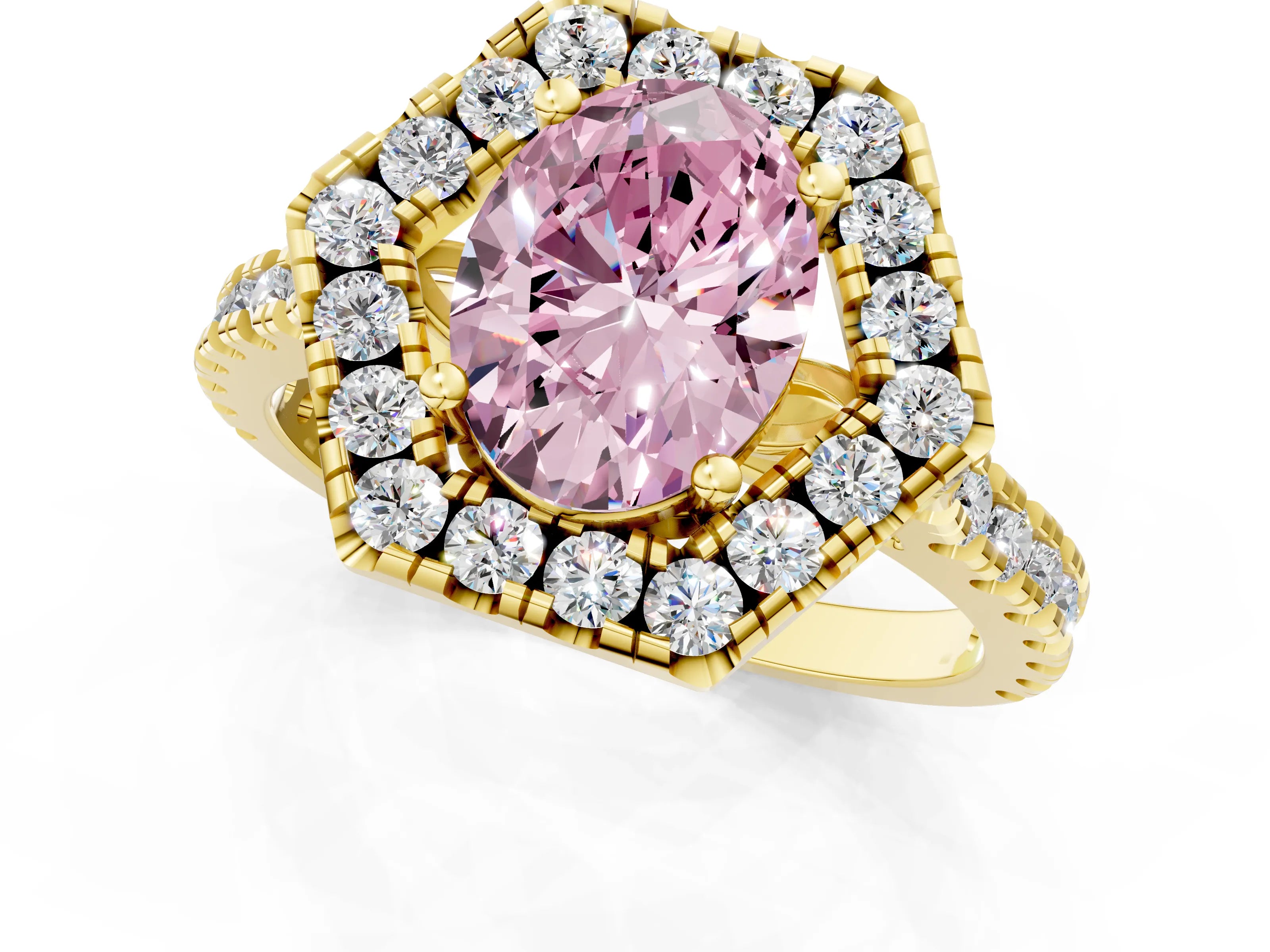Yellow gold Hexagonal Halo Fancy Pink Oval Cut Diamond Pavé Band with Four-Prong Setting_1