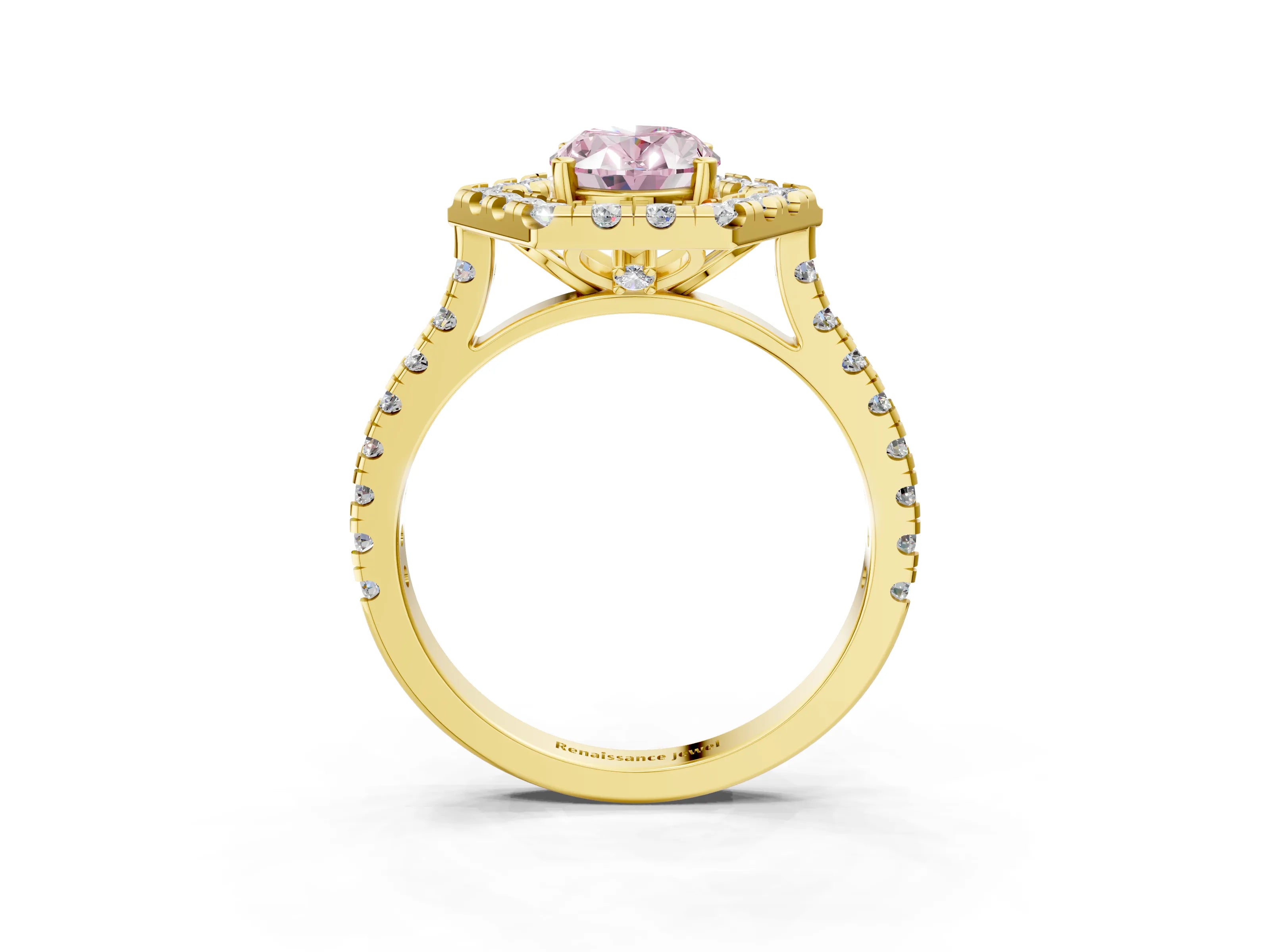 Yellow gold Hexagonal Halo Fancy Pink Oval Cut Diamond Pavé Band with Four-Prong Setting_3