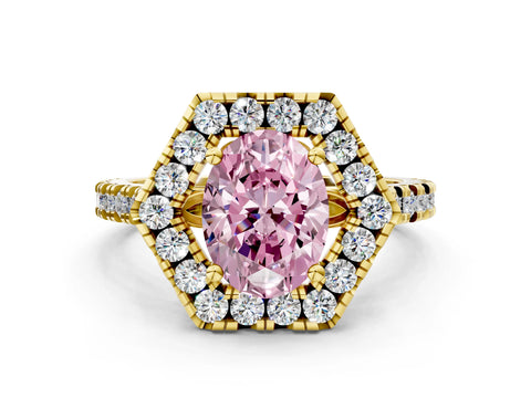 Yellow gold Hexagonal Halo Fancy Pink Oval Cut Diamond Pavé Band with Four-Prong Setting