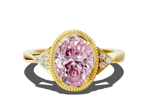 Yellow gold Hexagonal Halo Fancy Pink Oval Cut Diamond Solitaire with Pavé Band and Four-Prong Setting_3
