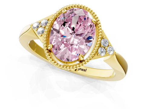 Yellow gold Hexagonal Halo Fancy Pink Oval Cut Diamond Solitaire with Pavé Band and Four-Prong Setting_4
