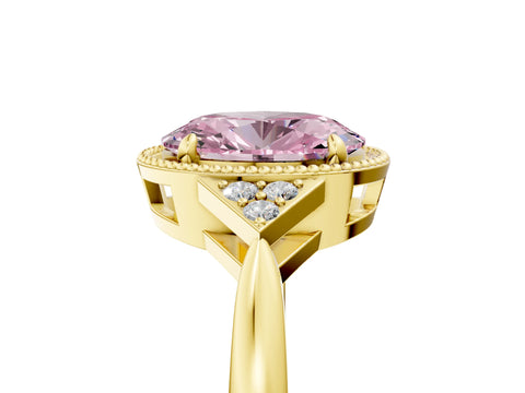 Yellow gold Hexagonal Halo Fancy Pink Oval Cut Diamond Solitaire with Pavé Band and Four-Prong Setting_8