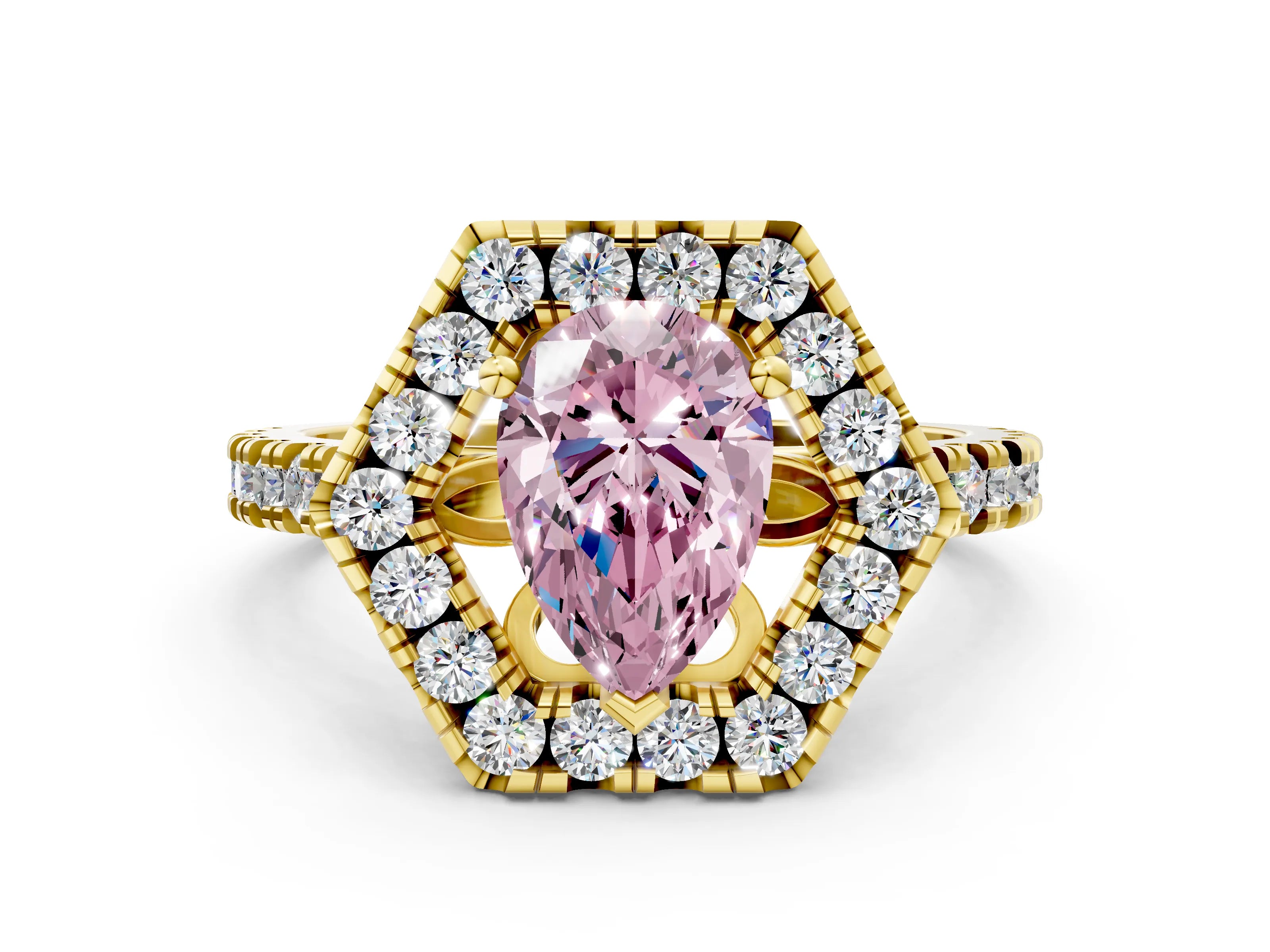 Yellow gold Hexagonal Halo Fancy Pink Pear Cut Diamond Pavé Band with Four-Prong Setting