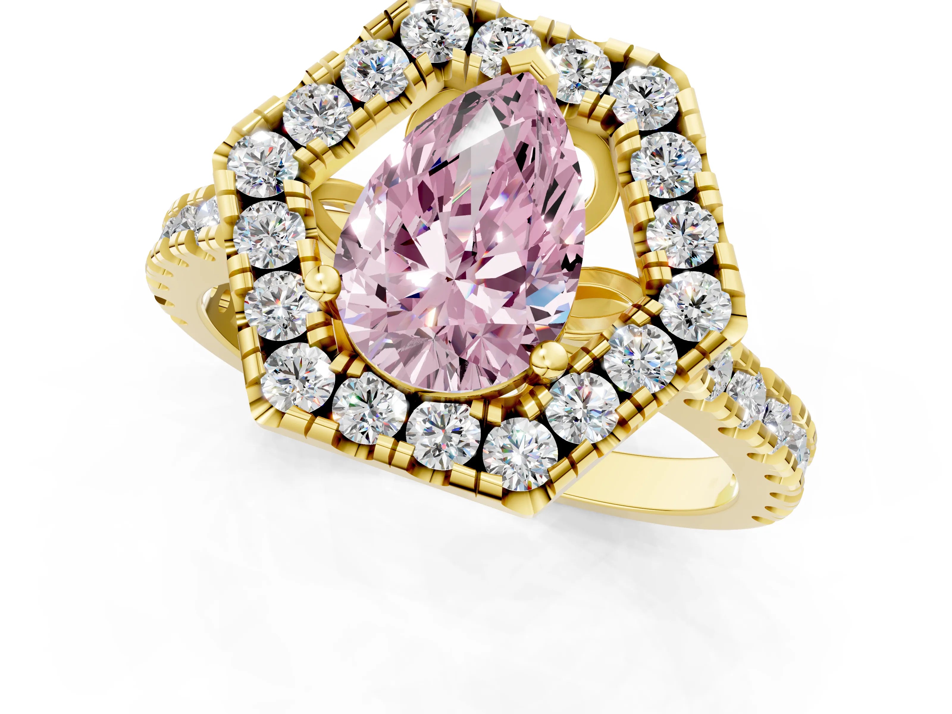 Yellow gold Hexagonal Halo Fancy Pink Pear Cut Diamond Pavé Band with Four-Prong Setting_1