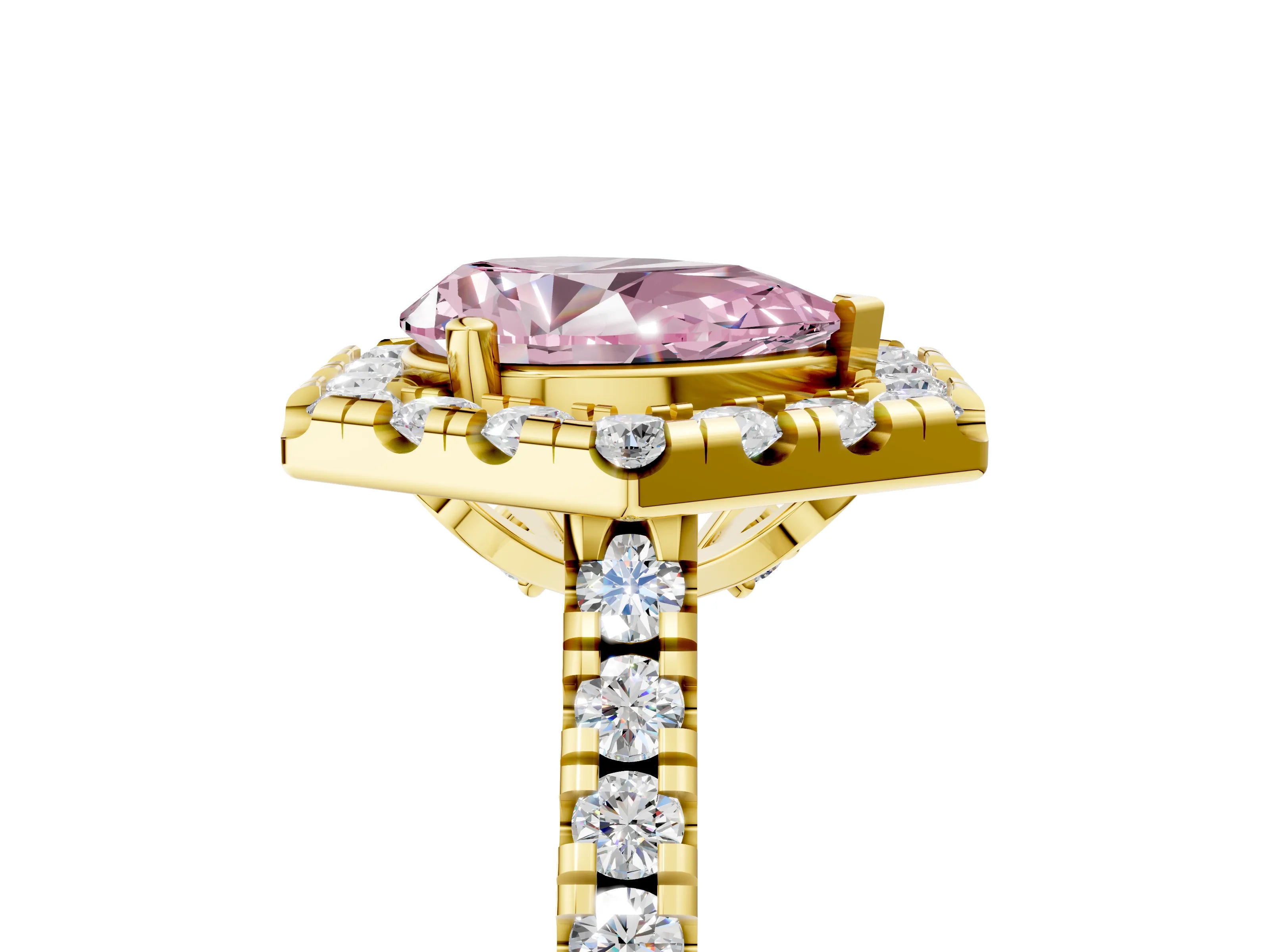 Yellow gold Hexagonal Halo Fancy Pink Pear Cut Diamond Pavé Band with Four-Prong Setting_5
