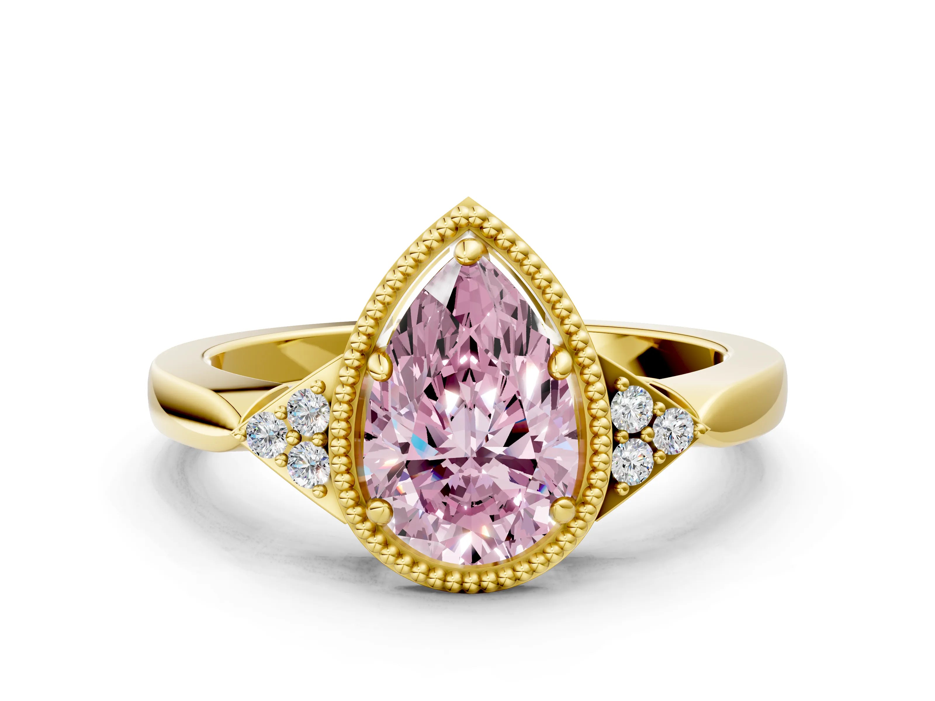 Yellow gold Hexagonal Halo Fancy Pink Pear Cut Diamond Solitaire with Pavé Band and Four-Prong Setting_3