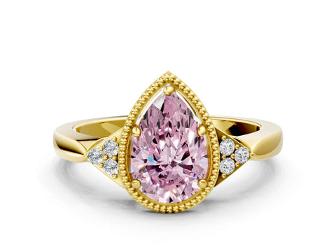 Yellow gold Hexagonal Halo Fancy Pink Pear Cut Diamond Solitaire with Pavé Band and Four-Prong Setting_3