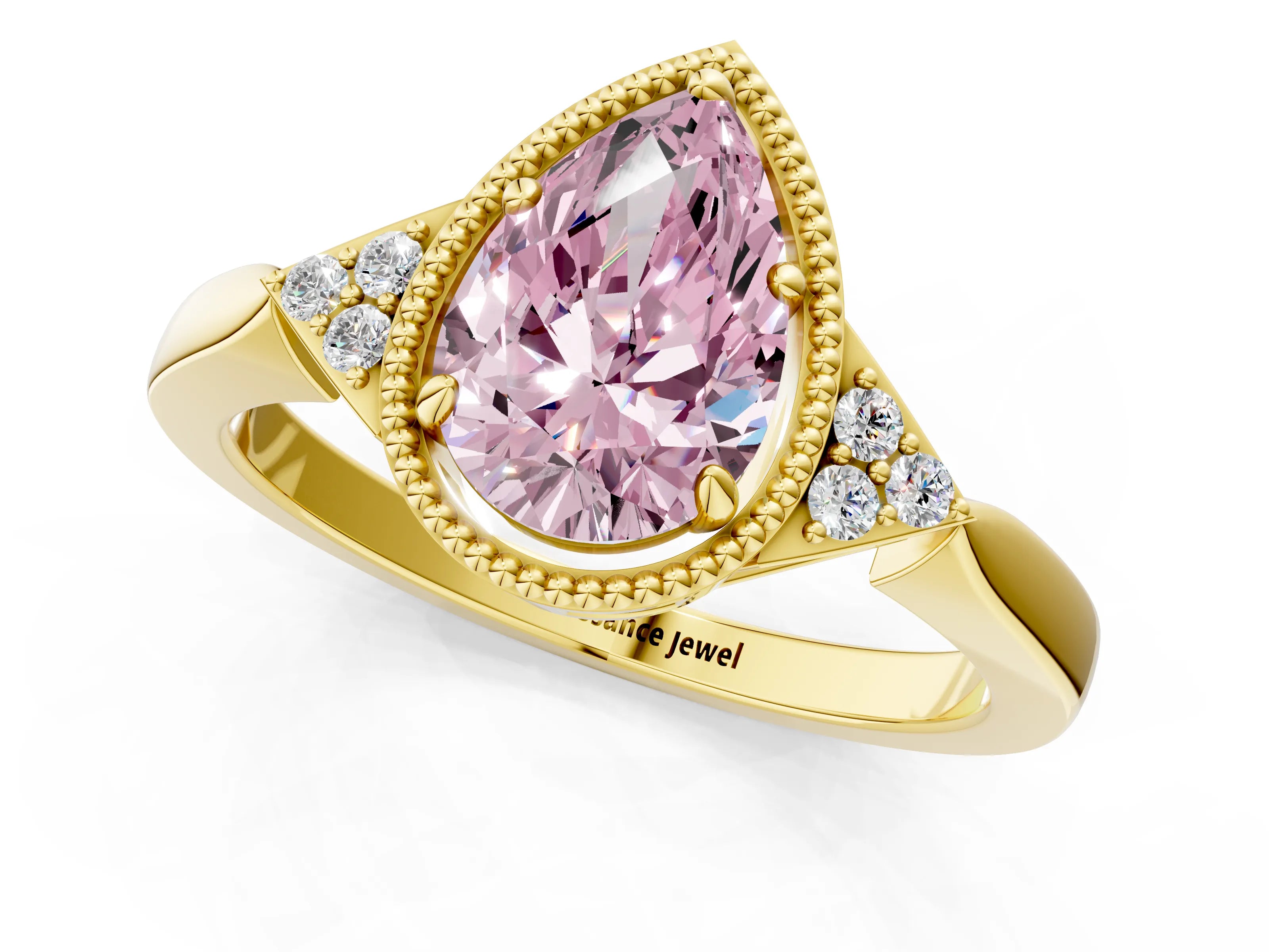Yellow gold Hexagonal Halo Fancy Pink Pear Cut Diamond Solitaire with Pavé Band and Four-Prong Setting_4