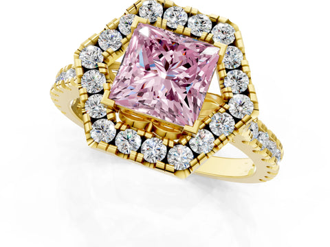 Yellow gold Hexagonal Halo Fancy Pink Princess Cut Diamond Pavé Band with Four-Prong Setting_1