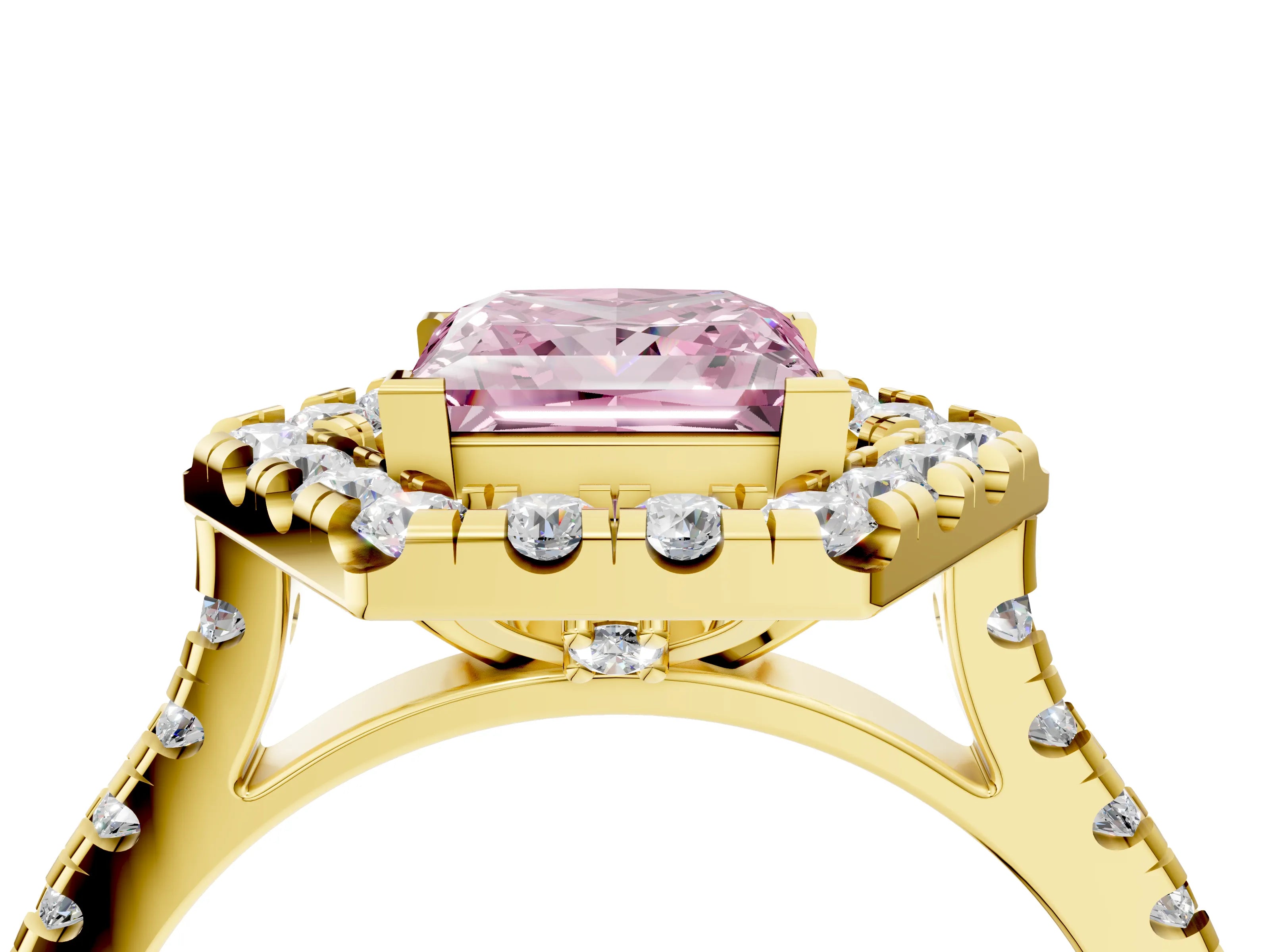 Yellow gold Hexagonal Halo Fancy Pink Princess Cut Diamond Pavé Band with Four-Prong Setting_4