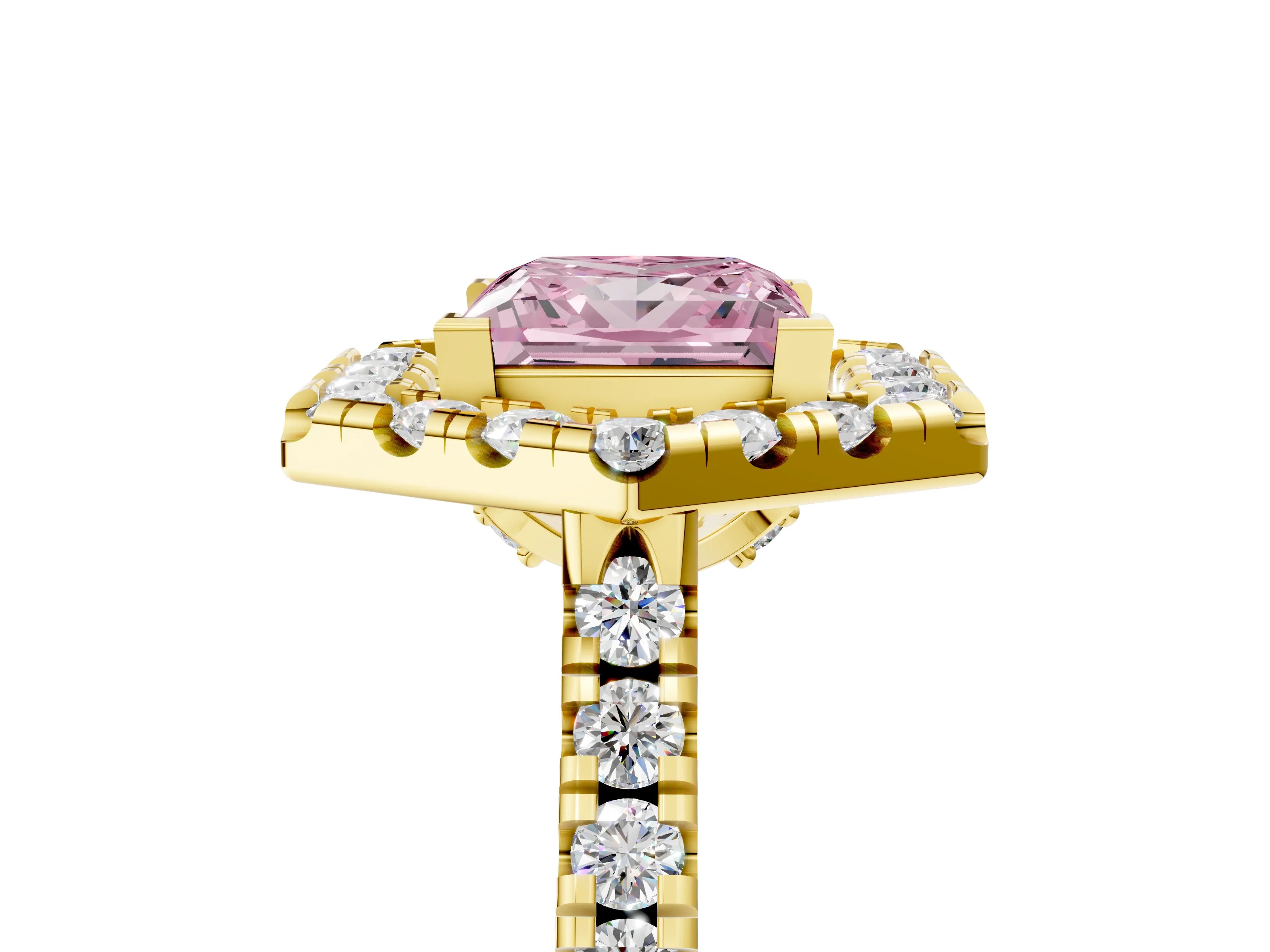 Yellow gold Hexagonal Halo Fancy Pink Princess Cut Diamond Pavé Band with Four-Prong Setting_5
