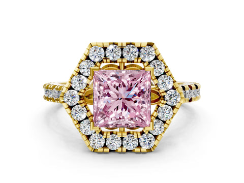 Yellow gold Hexagonal Halo Fancy Pink Princess Cut Diamond Pavé Band with Four-Prong Setting