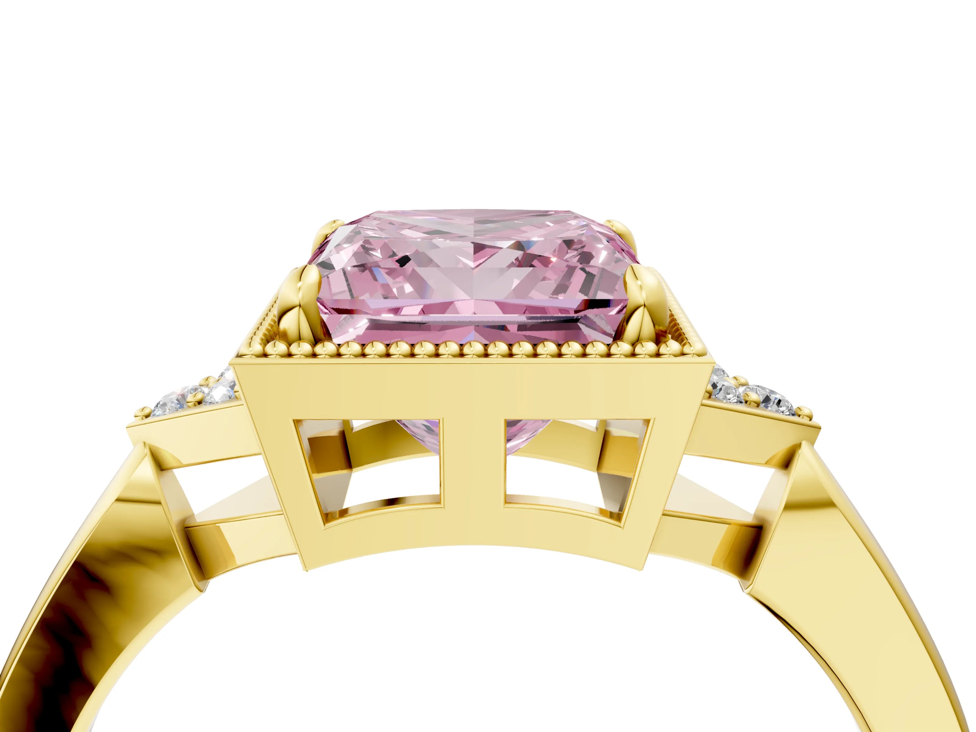 Yellow gold Hexagonal Halo Fancy Pink Princess Cut Diamond Solitaire with Pavé Band and Four-Prong Setting_7