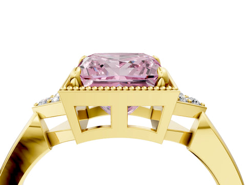 Yellow gold Hexagonal Halo Fancy Pink Princess Cut Diamond Solitaire with Pavé Band and Four-Prong Setting_7